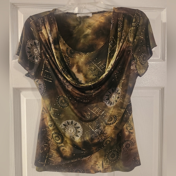Dress Barn Tops - Dress Barn Short Sleeve Brown/Green Cowel Neck Gold Metallic Embellishmets PM